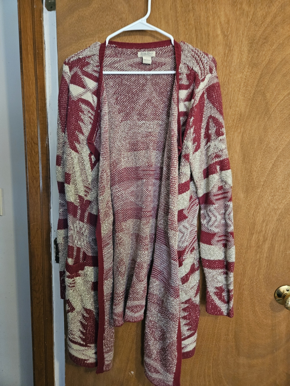 Lucky Brand Open-Front Marled Red & Cream Geometric Cardigan